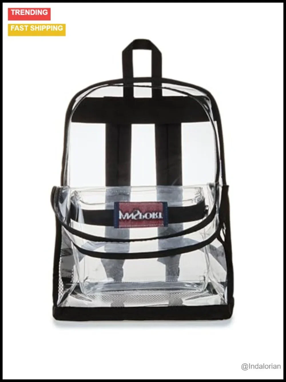 Clear Backpack, 25.5L, Large Main Compartment, Water Bottle Pocket, Front Zip